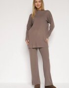 j&x Set tricotat reiat bej închis cu bumbac Pulover cu guler semi-înalt și Pantaloni Elweda