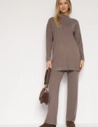 j&x Set tricotat reiat bej închis cu bumbac Pulover cu guler semi-înalt și Pantaloni Elweda