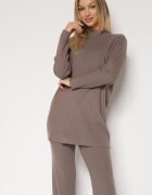 j&x Set tricotat reiat bej închis cu bumbac Pulover cu guler semi-înalt și Pantaloni Elweda