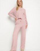 j&x Set tricotat roz deschis cu Lână și Bumbac Pulover cu Model în Relief și Pantaloni Otivra