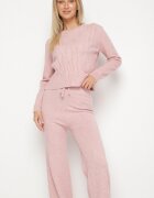 j&x Set tricotat roz deschis cu Lână și Bumbac Pulover cu Model în Relief și Pantaloni Otivra