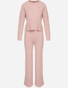 j&x Set tricotat roz deschis cu Lână și Bumbac Pulover cu Model în Relief și Pantaloni Otivra