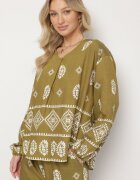 j&x Set Verde închis în Stil Rustic Bluză Lejeră și Pantaloni cu Vâscoză Emilaris