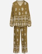 j&x Set Verde închis în Stil Rustic Bluză Lejeră și Pantaloni cu Vâscoză Emilaris