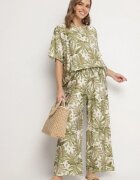 j&x Set viscoză verde închis cu model vegetal Pantaloni largi și tricou Evianira