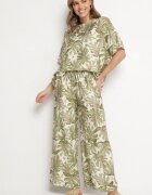 j&x Set viscoză verde închis cu model vegetal Pantaloni largi și tricou Evianira