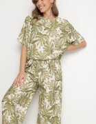 j&x Set viscoză verde închis cu model vegetal Pantaloni largi și tricou Evianira