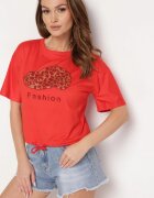 j&x Tricou Roșu Cu șnur la bază cu zirconii și imprimeu Moasstra