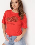 j&x Tricou Roșu Cu șnur la bază cu zirconii și imprimeu Moasstra