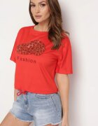 j&x Tricou Roșu Cu șnur la bază cu zirconii și imprimeu Moasstra