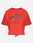 j&x Tricou Roșu Cu șnur la bază cu zirconii și imprimeu Moasstra