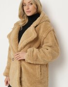  Jachetă bej de blană Teddy cu glugă cu nasturi Kejavia