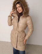 jstyle Geacă bej lungă matlasată cu glugă și blană detașabilă și curea în talie Serenira
