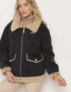 jstyle Geacă din denim Gri închis cu bumbac Decorată cu blană și cataramă Senivra