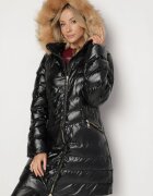 jstyle Geacă Matlasată Lungă Negru-Maro cu Glugă Detașabilă și Guler Seniwen
