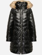 jstyle Geacă Matlasată Lungă Negru-Maro cu Glugă Detașabilă și Guler Seniwen