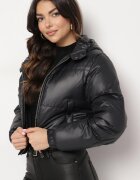 jstyle Geacă Neagră Matlasată cu Croială Scurtă cu Glugă Tinthella