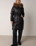 jstyle Geacă Negru Lungă Matlasată cu Glugă cu blană detașabilă și cordon în talie Serenira