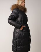 jstyle Geacă Negru Lungă Matlasată cu Glugă cu blană detașabilă și cordon în talie Serenira