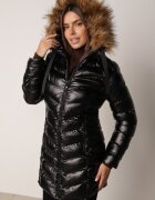 jstyle Geacă Negru-Maro Lungă Matlasată cu Blană Detașabilă și Șnururi Rinnarae