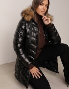jstyle Geacă Negru-Maro Lungă Matlasată cu Blană Detașabilă și Șnururi Rinnarae