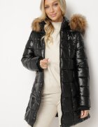 jstyle Jachetă Negru-Maro Matlasată cu Glugă Detașabilă și Blană Izarelia