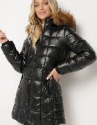 jstyle Jachetă Negru-Maro Matlasată cu Glugă Detașabilă și Blană Izarelia