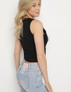 jstyle Top Negru din Bumbac Ornat cu Fundă 3D Perle și Zirconii Idivisa