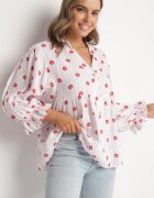 jumelle Cămașă Roz-Roșie din Bumbac cu Decolteu în V cu Model Floral Mailovelle