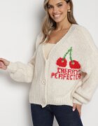 jumelle Cardigan bej deschis din Lână Decorat cu Cireașă și cu Inscripția Irissora