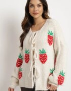 jumelle Cardigan Bej deschis legat cu amestec de Lână și Viscoză decorat cu model de Căpșuni Cesiella