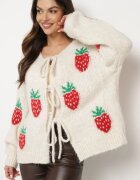 jumelle Cardigan Bej deschis legat cu amestec de Lână și Viscoză decorat cu model de Căpșuni Cesiella