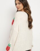 jumelle Cardigan Bej deschis legat cu amestec de Lână și Viscoză decorat cu model de Căpșuni Cesiella