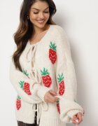 jumelle Cardigan Bej deschis legat cu amestec de Lână și Viscoză decorat cu model de Căpșuni Cesiella