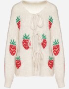 jumelle Cardigan Bej deschis legat cu amestec de Lână și Viscoză decorat cu model de Căpșuni Cesiella