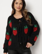 jumelle Cardigan Negru Legat cu amestec de Lână și Viscoză Decorat cu model cu căpșuni Cesiella