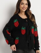 jumelle Cardigan Negru Legat cu amestec de Lână și Viscoză Decorat cu model cu căpșuni Cesiella