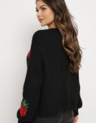 jumelle Cardigan Negru Legat cu amestec de Lână și Viscoză Decorat cu model cu căpșuni Cesiella