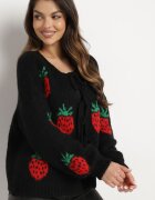 jumelle Cardigan Negru Legat cu amestec de Lână și Viscoză Decorat cu model cu căpșuni Cesiella