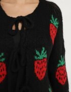 jumelle Cardigan Negru Legat cu amestec de Lână și Viscoză Decorat cu model cu căpșuni Cesiella