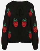 jumelle Cardigan Negru Legat cu amestec de Lână și Viscoză Decorat cu model cu căpșuni Cesiella