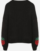 jumelle Cardigan Negru Legat cu amestec de Lână și Viscoză Decorat cu model cu căpșuni Cesiella