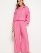 jumelle Compleu Fucsia din Viscoză Pantaloni largi și Cămașă Oversize Zivora