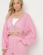 jumelle Compleu Roz din Bumbac cu Broderie Ajurată Bluză și Pantaloni Palaniela