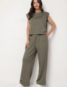 jumelle Compleu Verde cu Viscoză Tricou cu Umeri Întăriți și Pantaloni Largi Nevisari