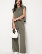 jumelle Compleu Verde cu Viscoză Tricou cu Umeri Întăriți și Pantaloni Largi Nevisari
