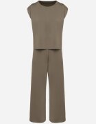 jumelle Compleu Verde cu Viscoză Tricou cu Umeri Întăriți și Pantaloni Largi Nevisari