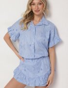 jumelle Compleul de bumbac albastru Cămașă cu legătură și Fustă-pantaloni scurți cu imprimeu Iffarina