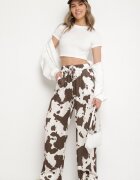jumelle Pantaloni Maro din Viscoză cu Croială Largă și Talie Înaltă cu Imprimeu Vacă Nelamara