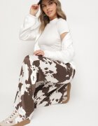jumelle Pantaloni Maro din Viscoză cu Croială Largă și Talie Înaltă cu Imprimeu Vacă Nelamara